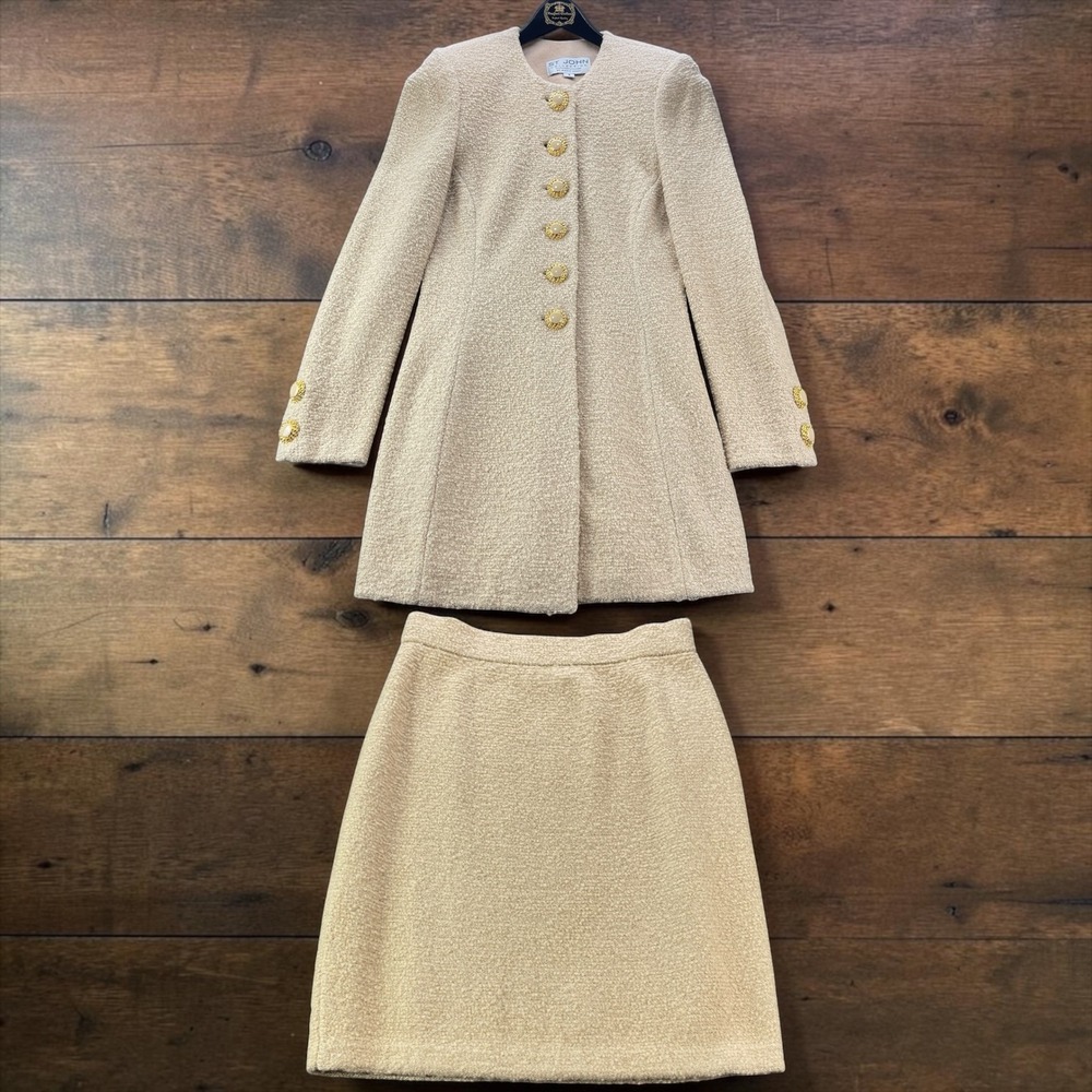 St John Collection Marie Gray Santana Knit Skirt Suit Beige Gold Metallic 4 6